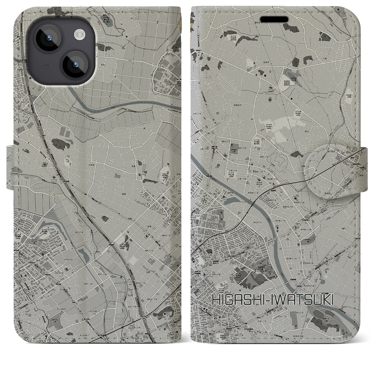 【東岩槻(埼玉県)】地図柄iPhoneケース(手帳タイプ)モノトーン・iPhone 14 Plus 用