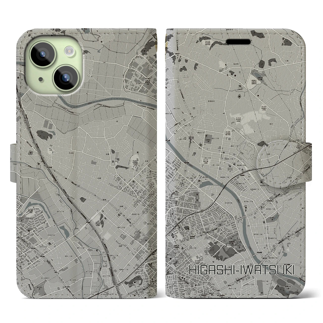 【東岩槻(埼玉県)】地図柄iPhoneケース(手帳タイプ)モノトーン・iPhone 15 用