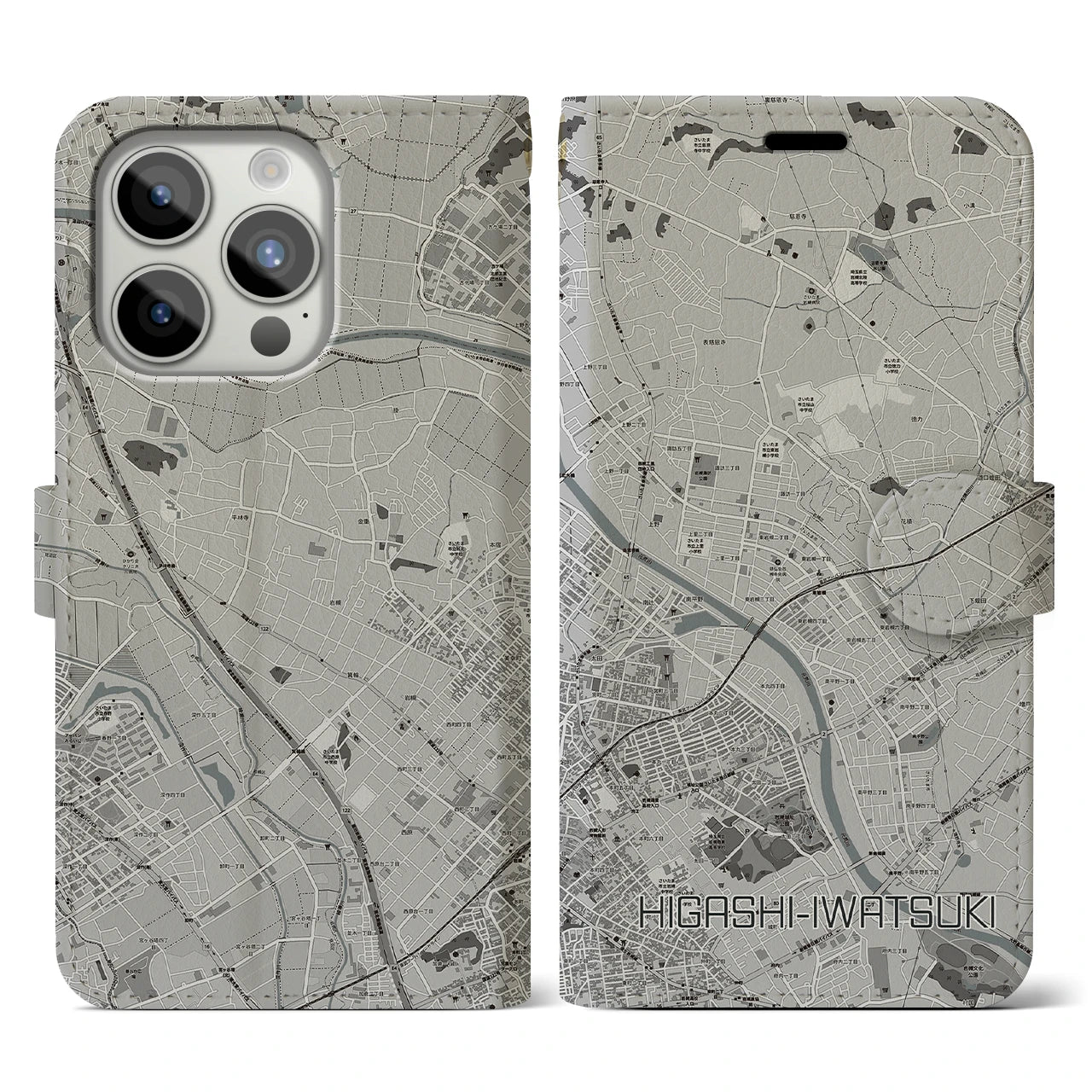 【東岩槻(埼玉県)】地図柄iPhoneケース(手帳タイプ)モノトーン・iPhone 15 Pro 用