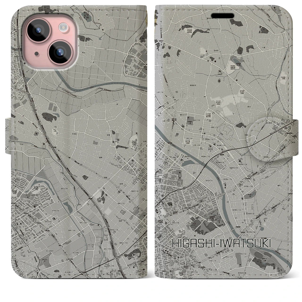 【東岩槻(埼玉県)】地図柄iPhoneケース(手帳タイプ)モノトーン・iPhone 15 Plus 用
