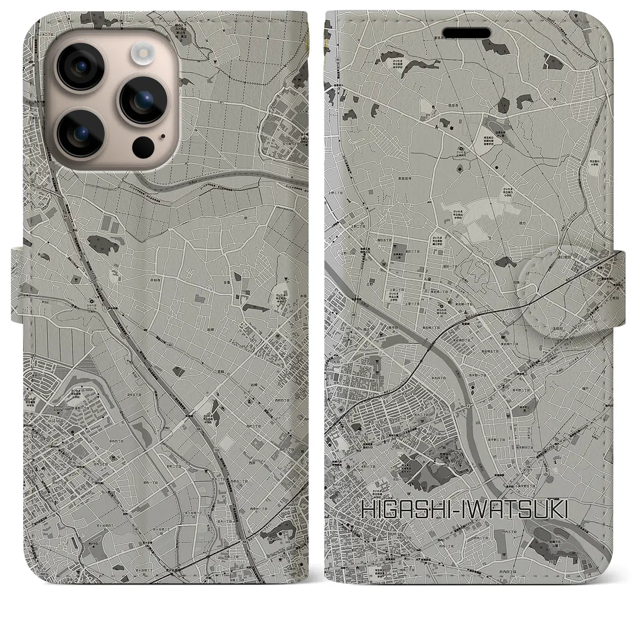 【東岩槻(埼玉県)】地図柄iPhoneケース(手帳タイプ)モノトーン・iPhone 16 Plus 用