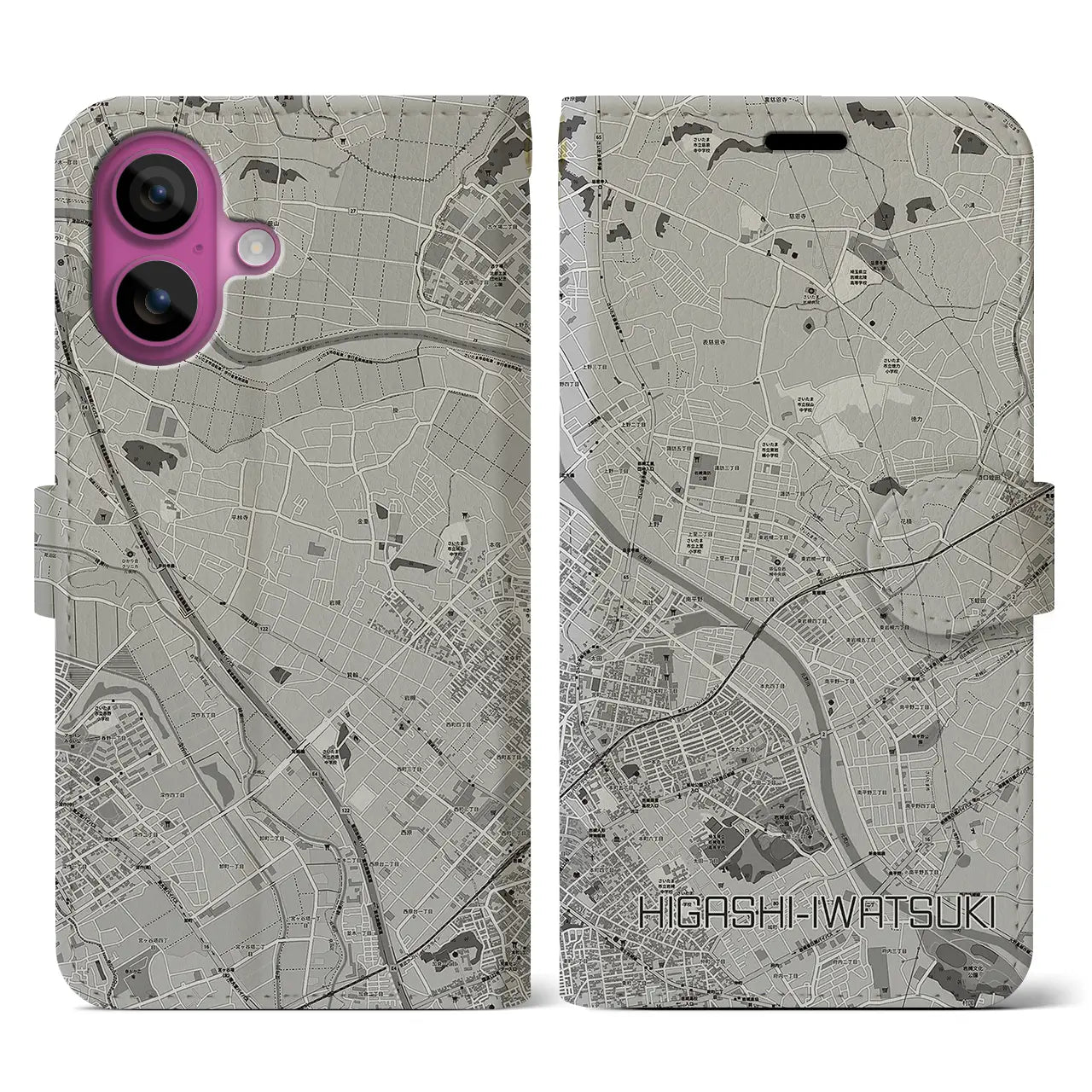 【東岩槻(埼玉県)】地図柄iPhoneケース(手帳タイプ)モノトーン・iPhone 16 Pro 用