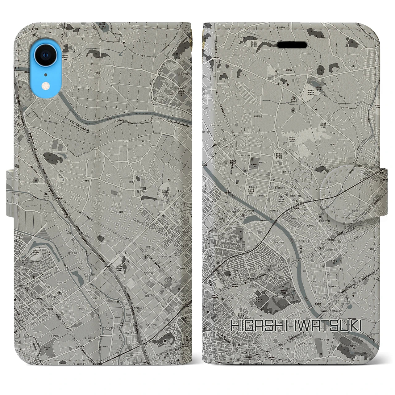 【東岩槻(埼玉県)】地図柄iPhoneケース(手帳タイプ)モノトーン・iPhone XR 用