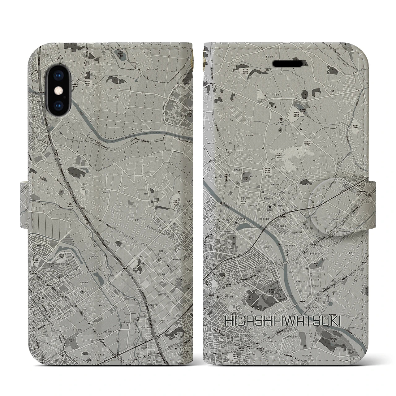 【東岩槻(埼玉県)】地図柄iPhoneケース(手帳タイプ)モノトーン・iPhone XS / X 用