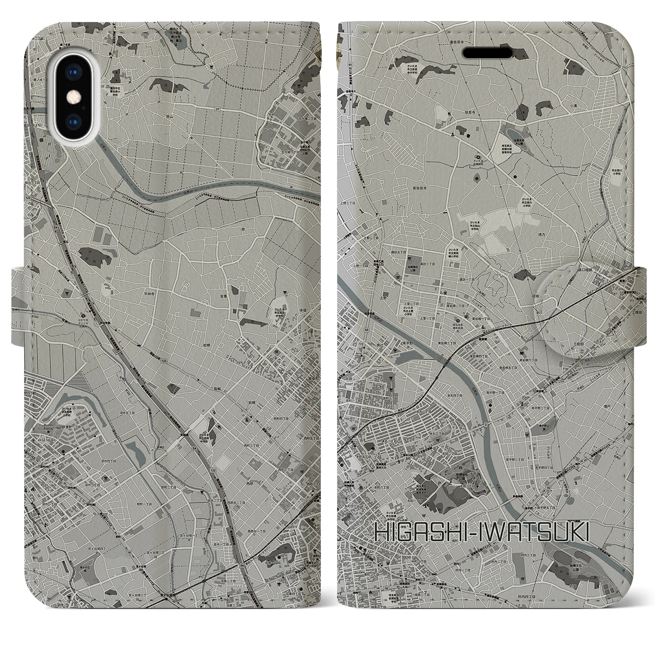 【東岩槻(埼玉県)】地図柄iPhoneケース(手帳タイプ)モノトーン・iPhone XS Max 用