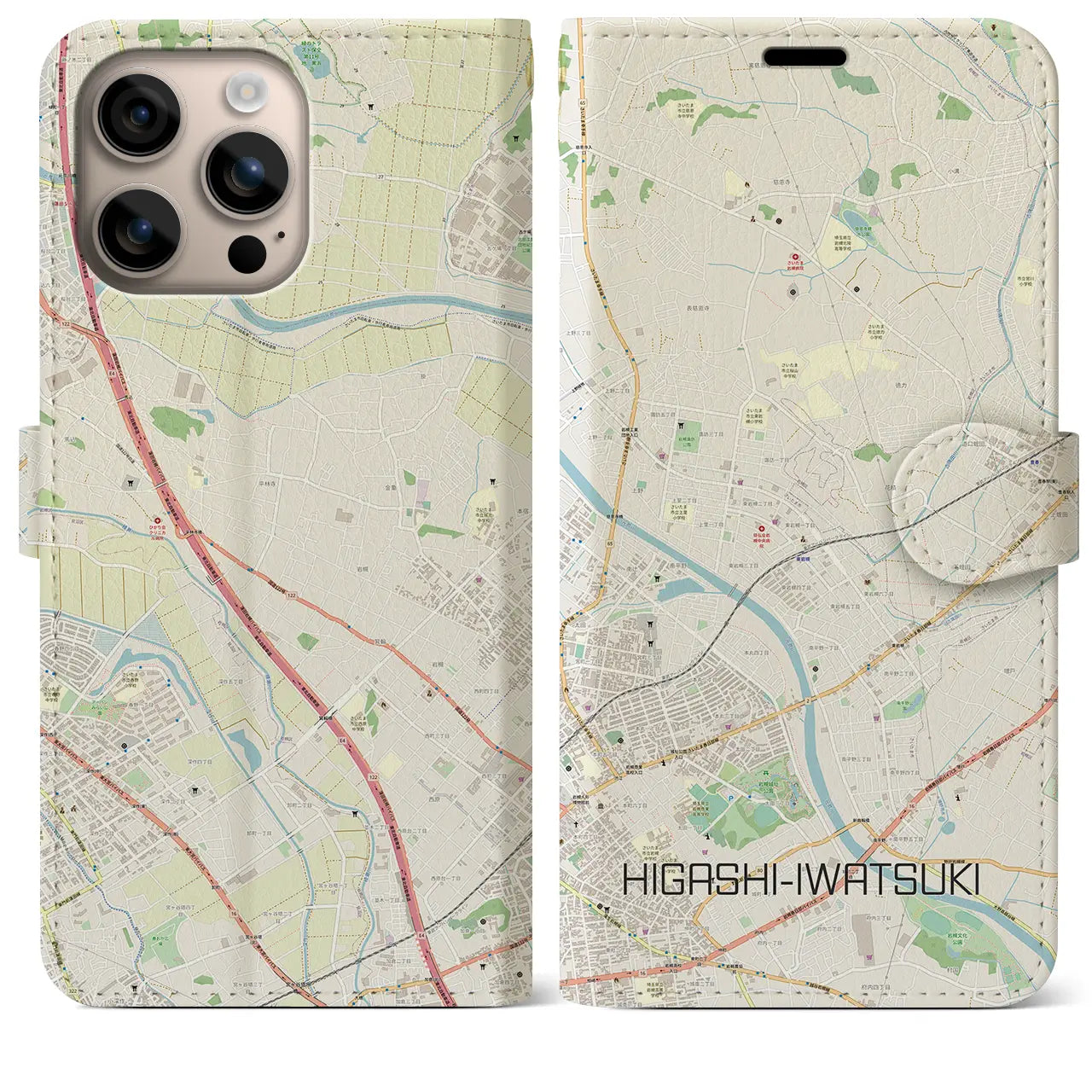 【東岩槻(埼玉県)】地図柄iPhoneケース(手帳タイプ)ナチュラル・iPhone 16 Plus 用