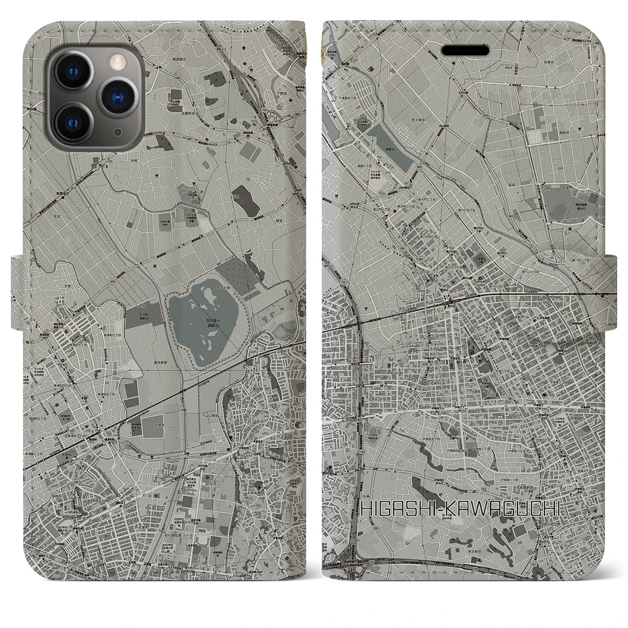 【東川口(埼玉県)】地図柄iPhoneケース(手帳タイプ)モノトーン・iPhone 11 Pro Max 用