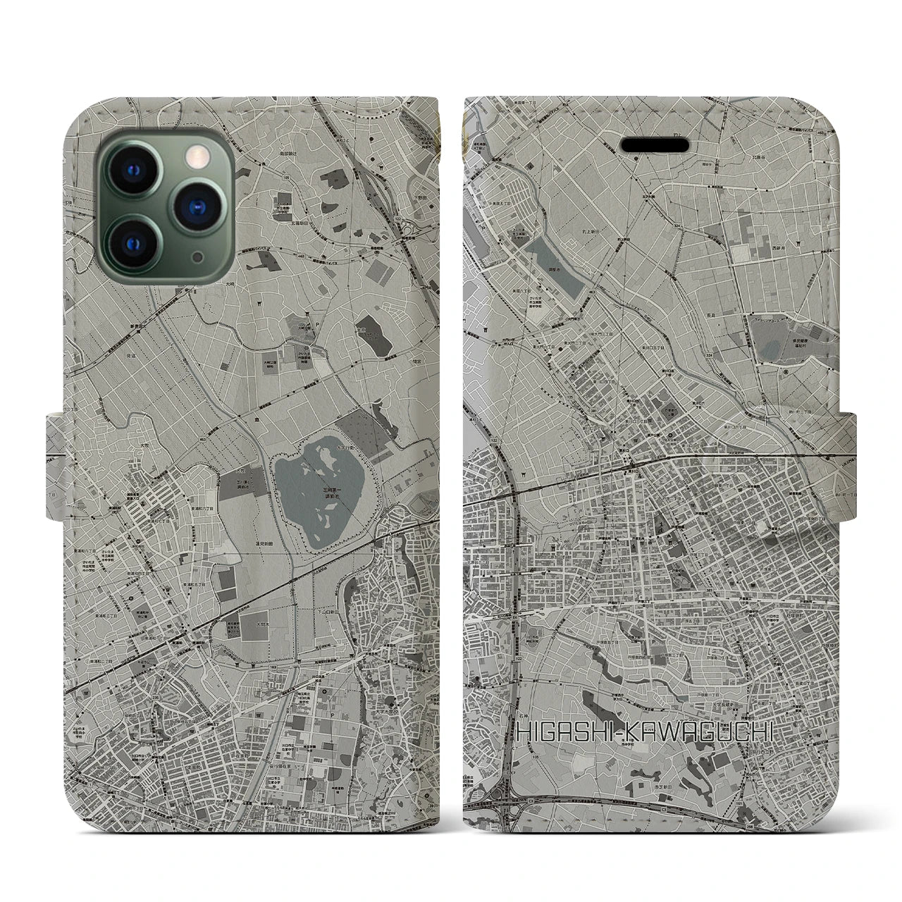 【東川口(埼玉県)】地図柄iPhoneケース(手帳タイプ)モノトーン・iPhone 11 Pro 用
