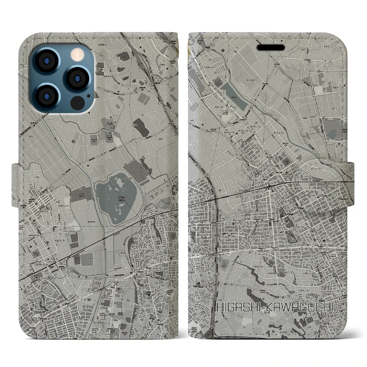 【東川口(埼玉県)】地図柄iPhoneケース(手帳タイプ)モノトーン・iPhone 12 / 12 Pro 用