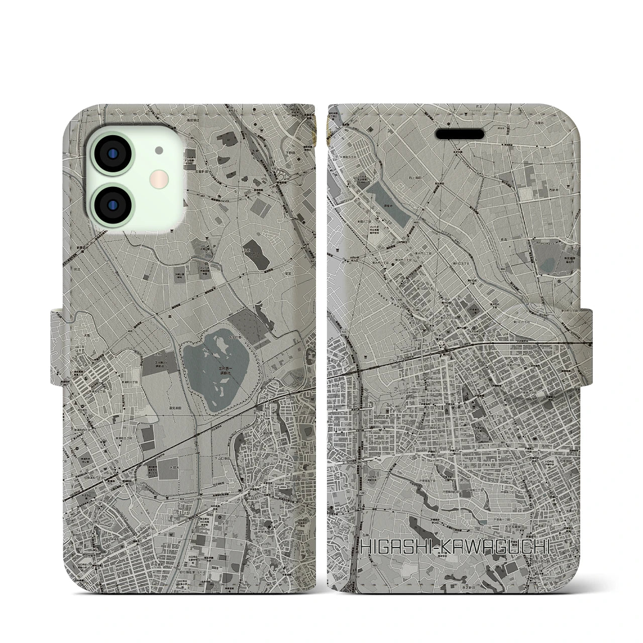 【東川口(埼玉県)】地図柄iPhoneケース(手帳タイプ)モノトーン・iPhone 12 mini 用