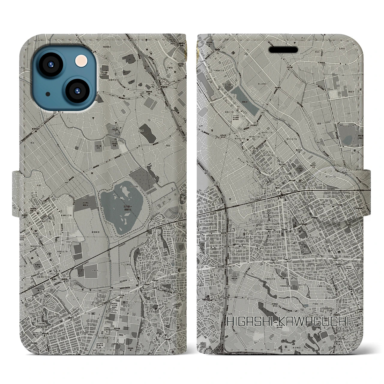 【東川口(埼玉県)】地図柄iPhoneケース(手帳タイプ)モノトーン・iPhone 13 用