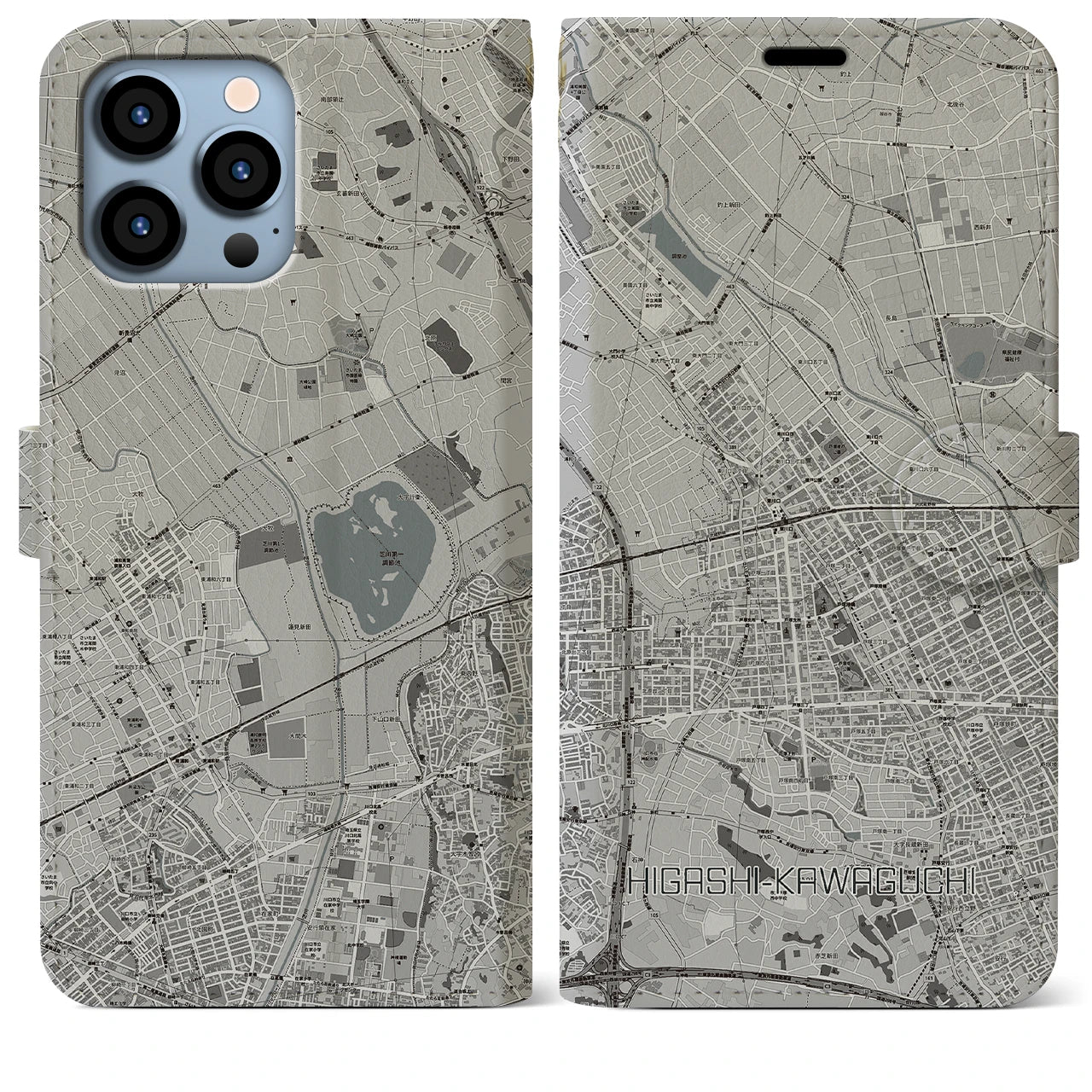 【東川口(埼玉県)】地図柄iPhoneケース(手帳タイプ)モノトーン・iPhone 13 Pro Max 用