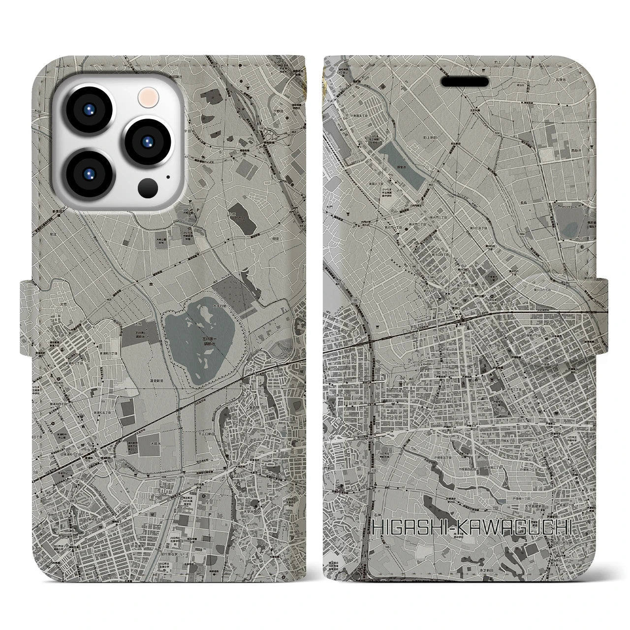 【東川口(埼玉県)】地図柄iPhoneケース(手帳タイプ)モノトーン・iPhone 13 Pro 用