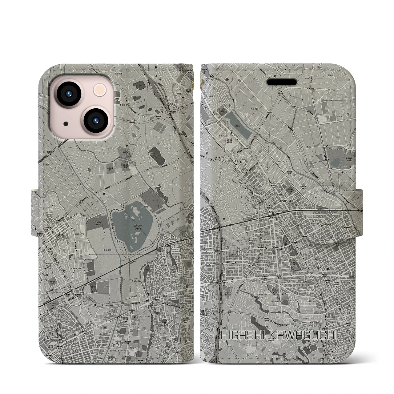 【東川口(埼玉県)】地図柄iPhoneケース(手帳タイプ)モノトーン・iPhone 13 mini 用