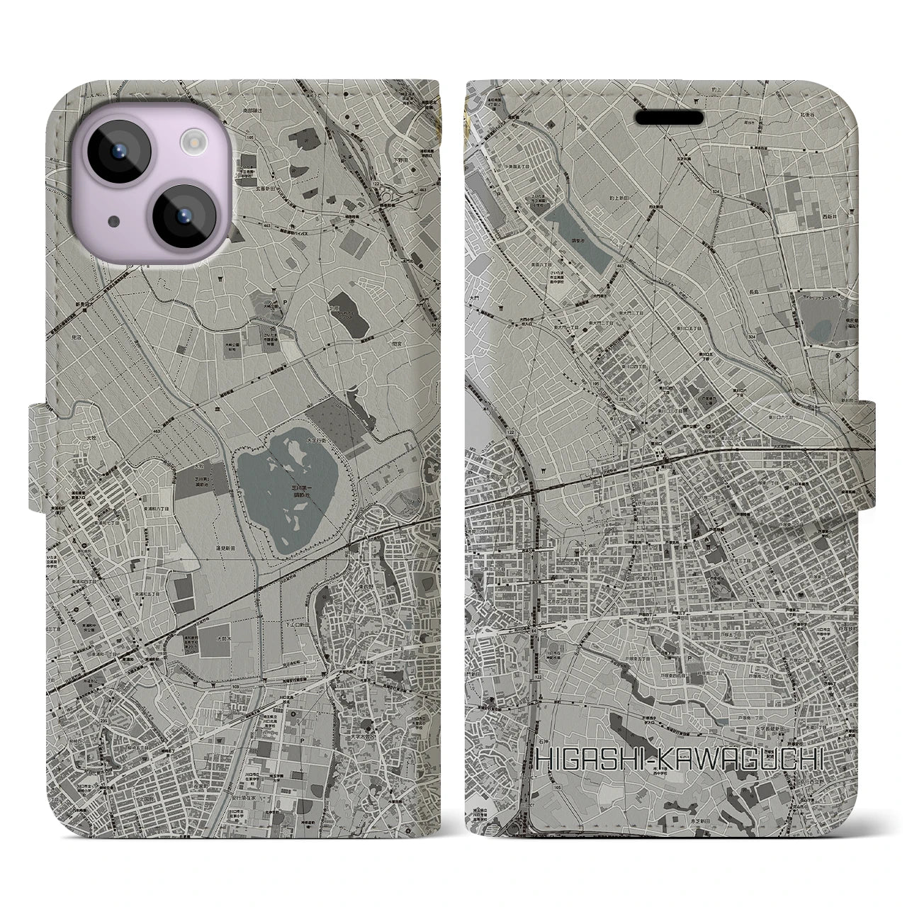 【東川口(埼玉県)】地図柄iPhoneケース(手帳タイプ)モノトーン・iPhone 14 用