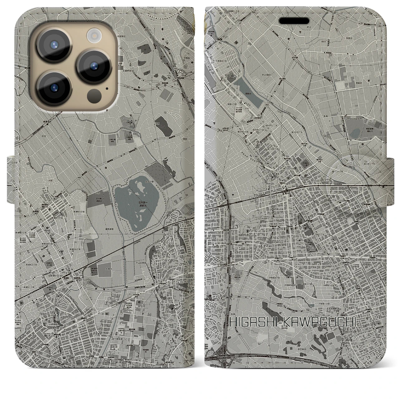 【東川口(埼玉県)】地図柄iPhoneケース(手帳タイプ)モノトーン・iPhone 14 Pro Max 用
