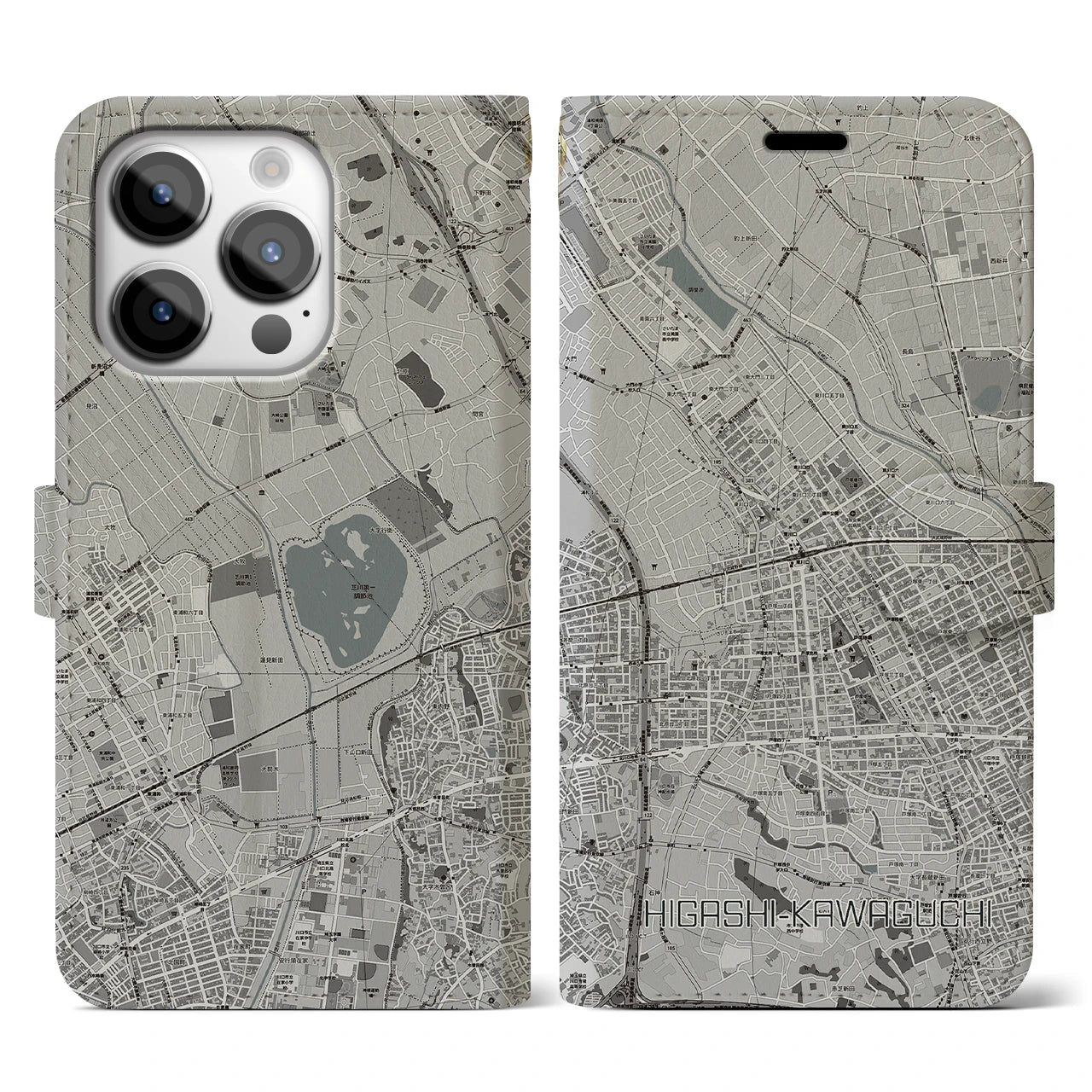 【東川口(埼玉県)】地図柄iPhoneケース(手帳タイプ)モノトーン・iPhone 14 Pro 用