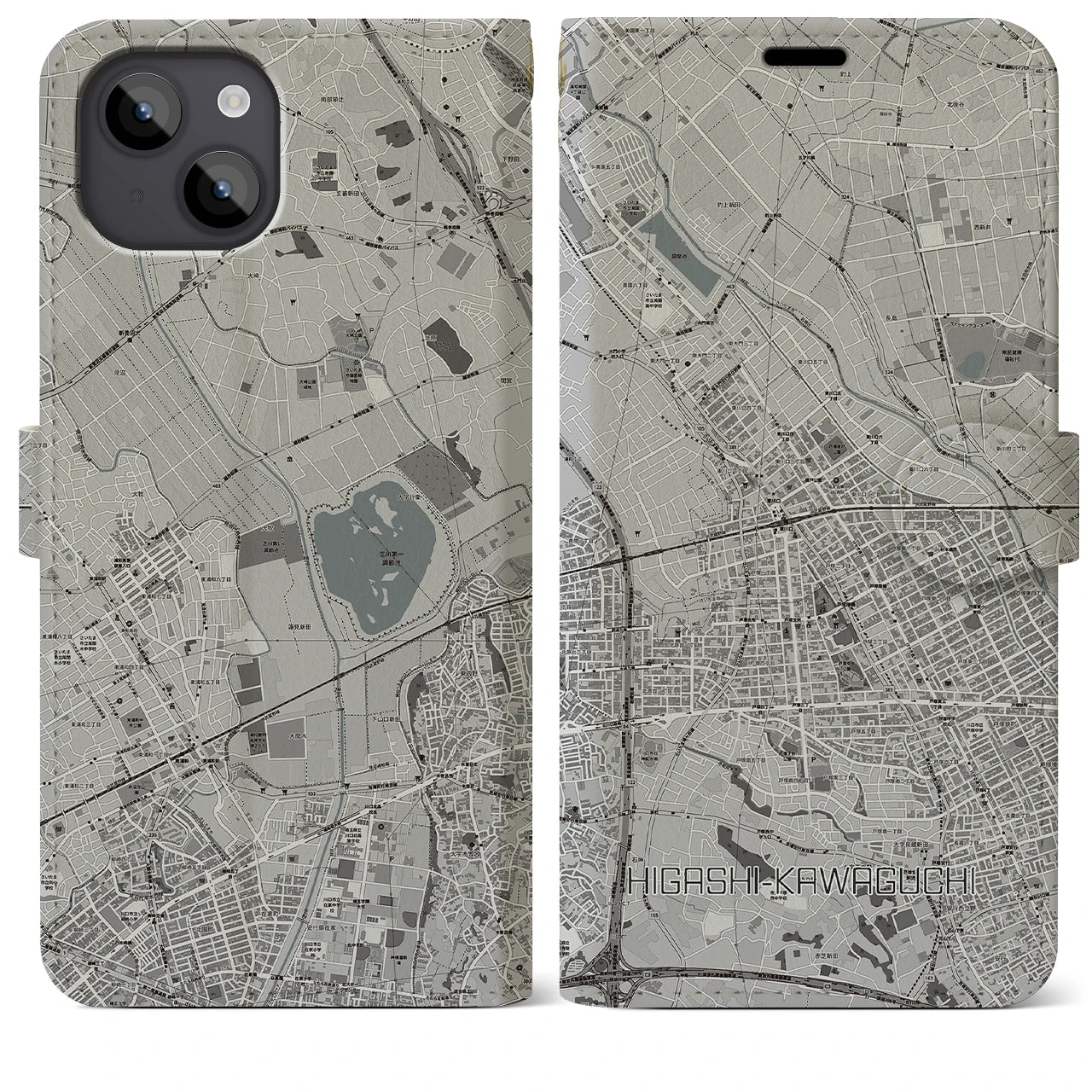 【東川口(埼玉県)】地図柄iPhoneケース(手帳タイプ)モノトーン・iPhone 14 Plus 用