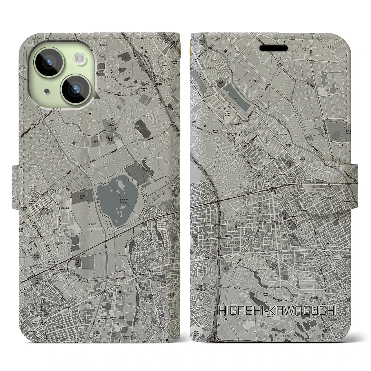 【東川口(埼玉県)】地図柄iPhoneケース(手帳タイプ)モノトーン・iPhone 15 用