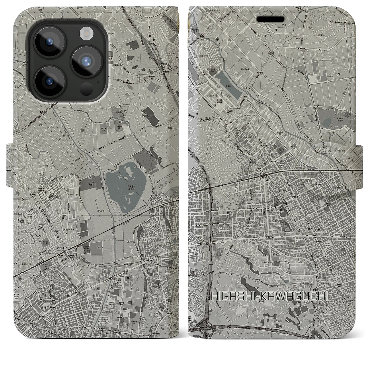 【東川口(埼玉県)】地図柄iPhoneケース(手帳タイプ)モノトーン・iPhone 15 Pro Max 用