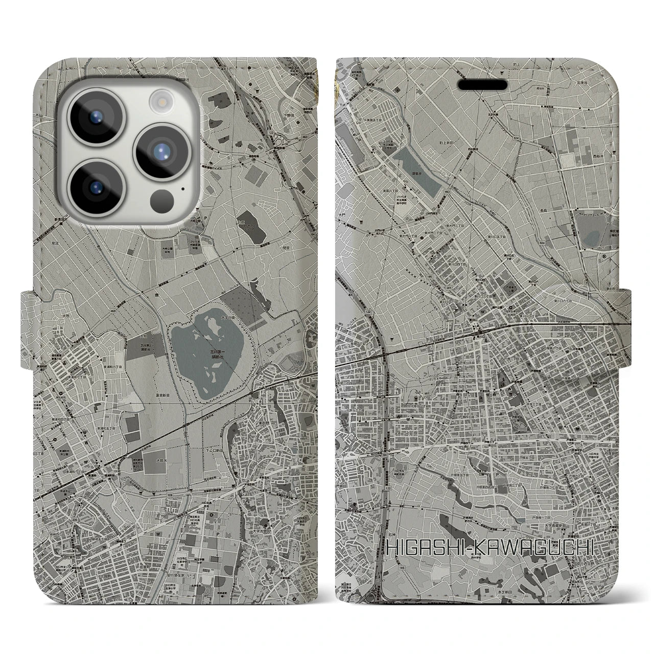 【東川口(埼玉県)】地図柄iPhoneケース(手帳タイプ)モノトーン・iPhone 15 Pro 用