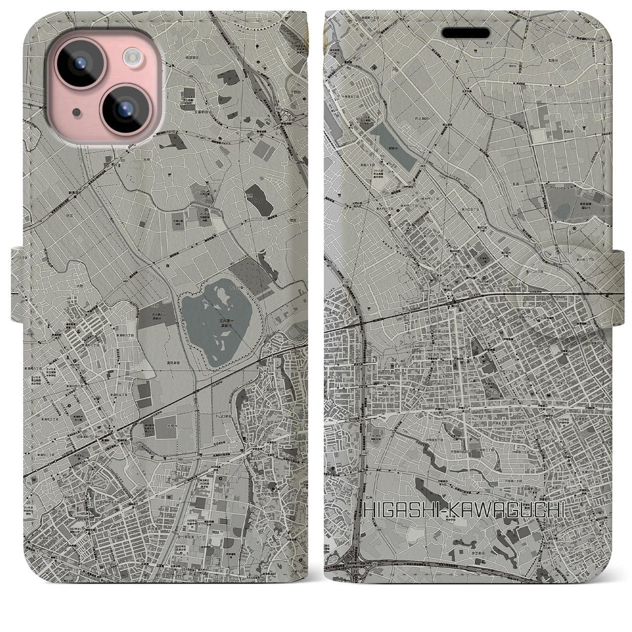 【東川口(埼玉県)】地図柄iPhoneケース(手帳タイプ)モノトーン・iPhone 15 Plus 用