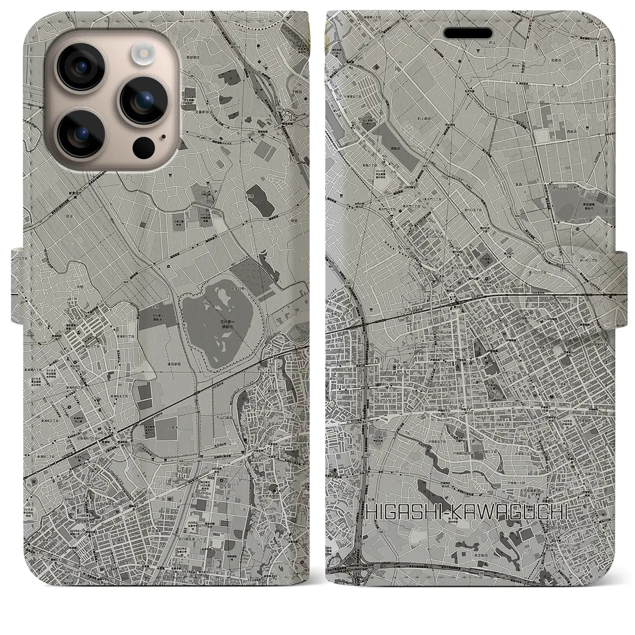 【東川口(埼玉県)】地図柄iPhoneケース(手帳タイプ)モノトーン・iPhone 16 Plus 用