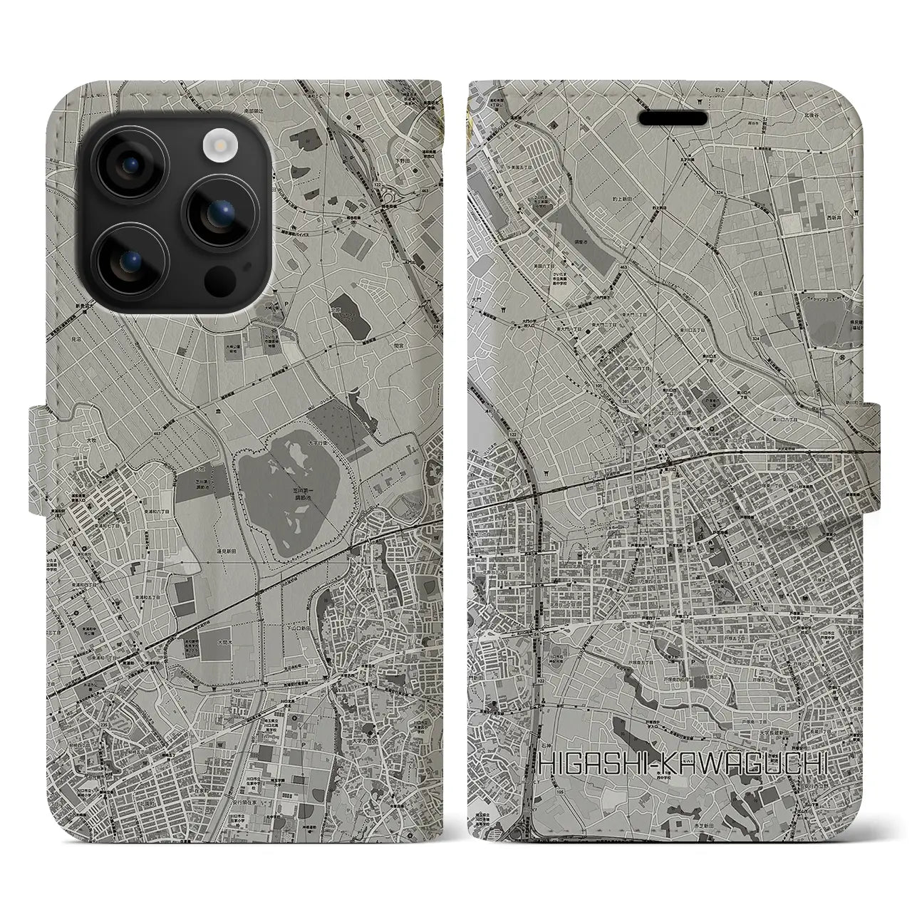 【東川口(埼玉県)】地図柄iPhoneケース(手帳タイプ)モノトーン・iPhone 16 用