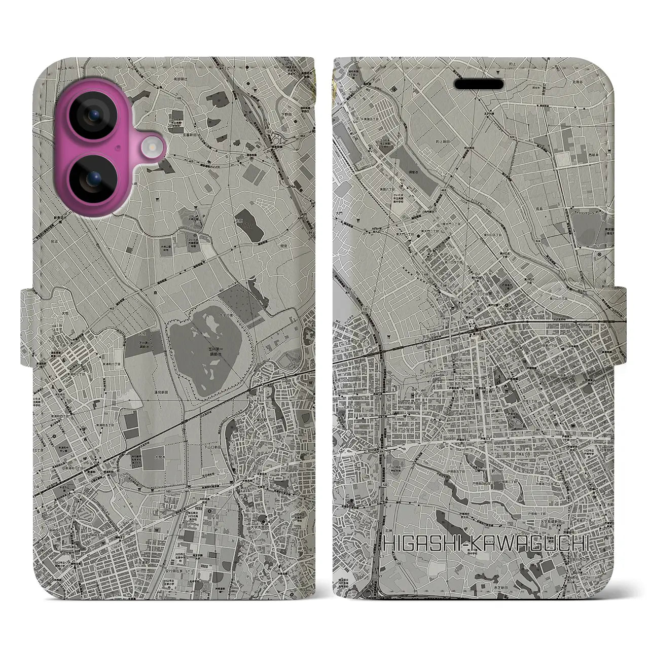 【東川口(埼玉県)】地図柄iPhoneケース(手帳タイプ)モノトーン・iPhone 16 Pro 用