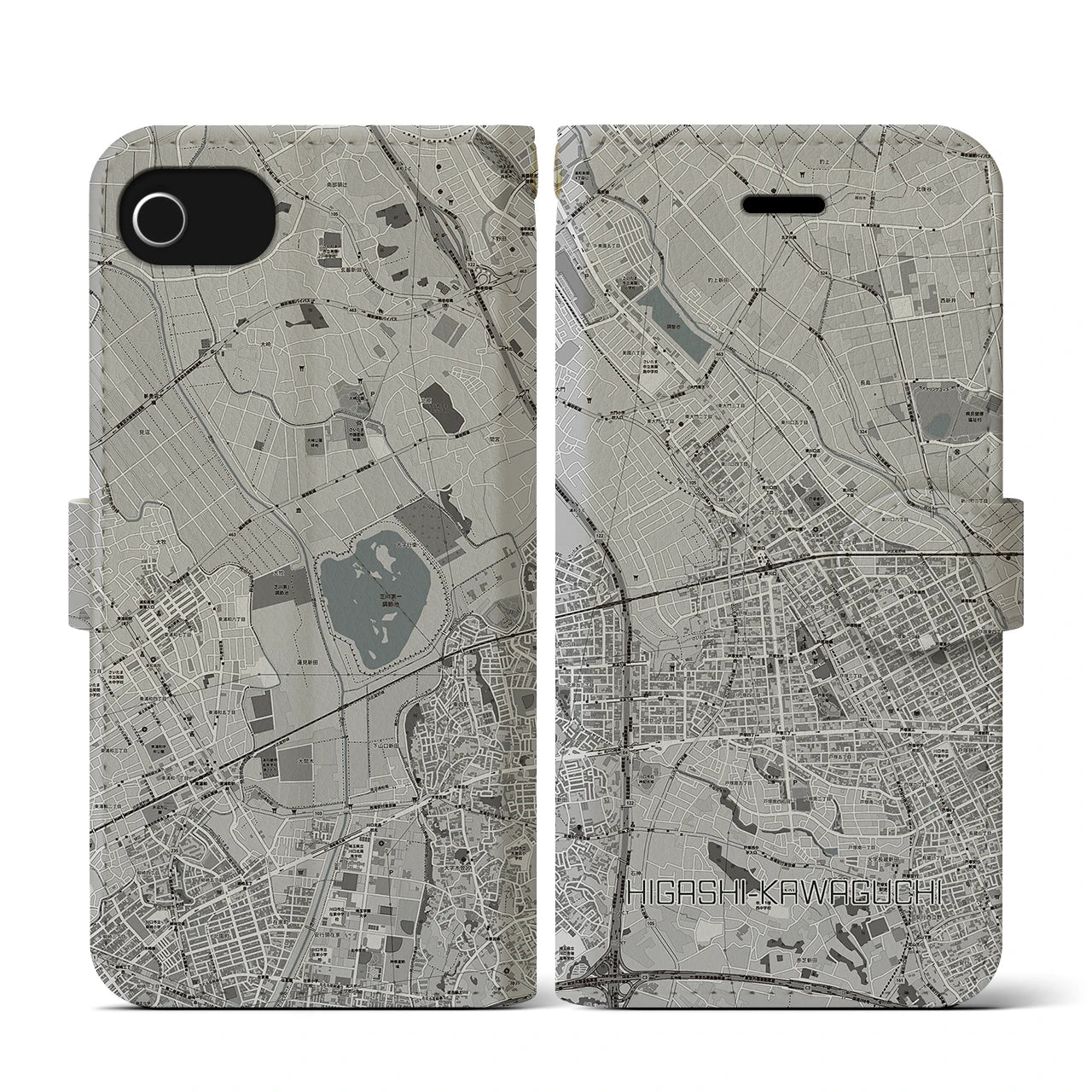 【東川口(埼玉県)】地図柄iPhoneケース(手帳タイプ)モノトーン・iPhone SE(第3 / 第2世代) / 8 / 7 / 6s / 6 用