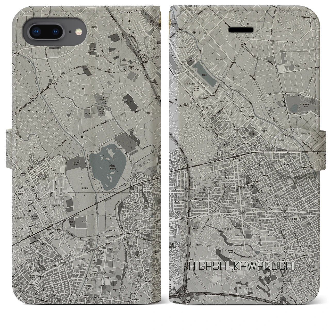 【東川口(埼玉県)】地図柄iPhoneケース(手帳タイプ)モノトーン・iPhone 8Plus /7Plus / 6sPlus / 6Plus 用