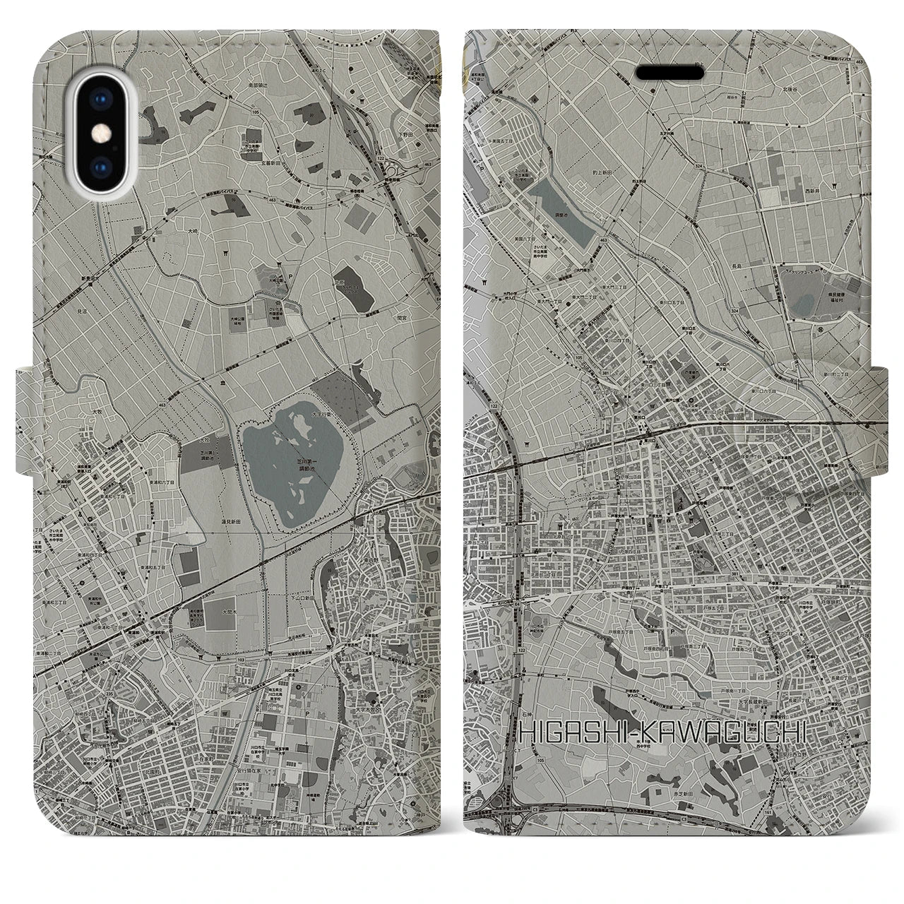 【東川口(埼玉県)】地図柄iPhoneケース(手帳タイプ)モノトーン・iPhone XS Max 用