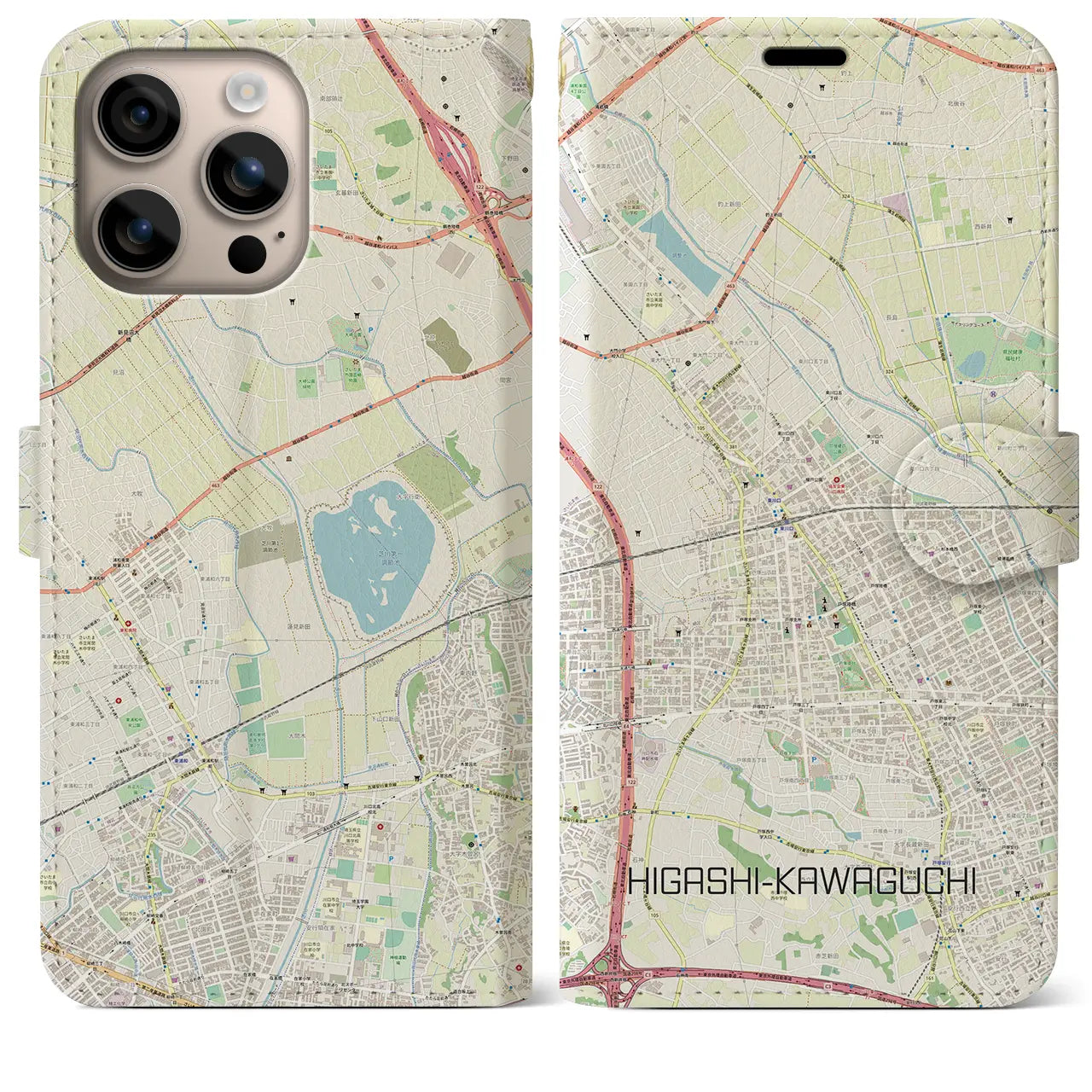 【東川口(埼玉県)】地図柄iPhoneケース(手帳タイプ)ナチュラル・iPhone 16 Plus 用
