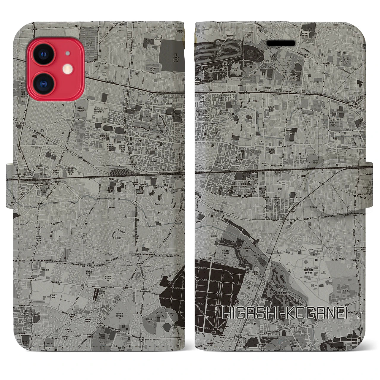 【東小金井(東京都)】地図柄iPhoneケース(手帳タイプ)モノトーン・iPhone 11 用