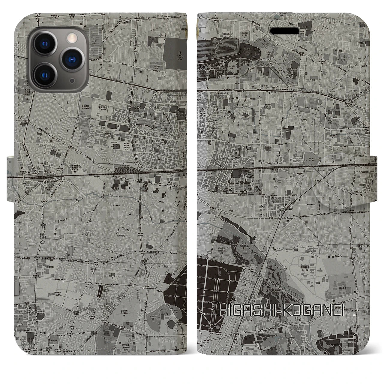 【東小金井(東京都)】地図柄iPhoneケース(手帳タイプ)モノトーン・iPhone 11 Pro Max 用