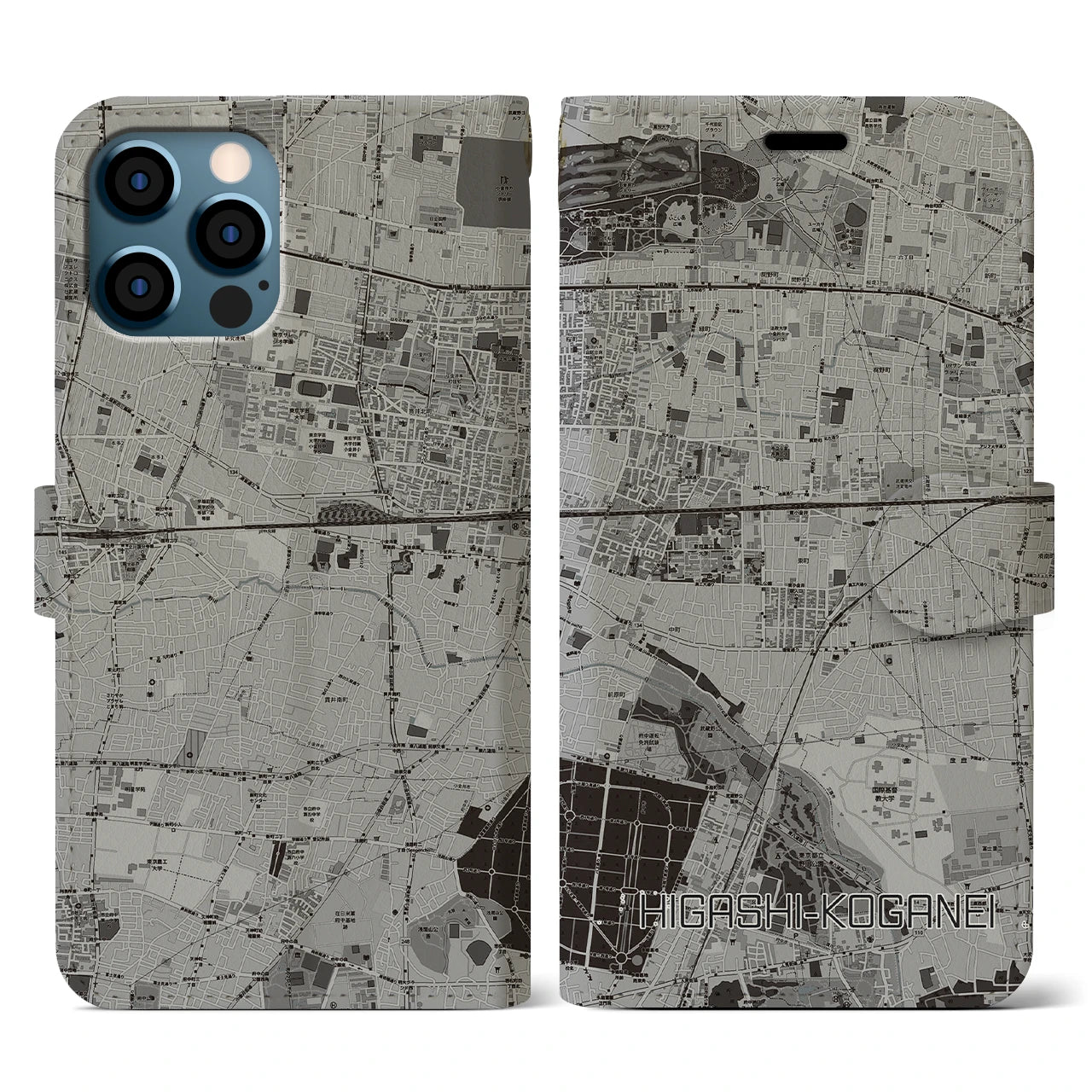 【東小金井(東京都)】地図柄iPhoneケース(手帳タイプ)モノトーン・iPhone 12 / 12 Pro 用