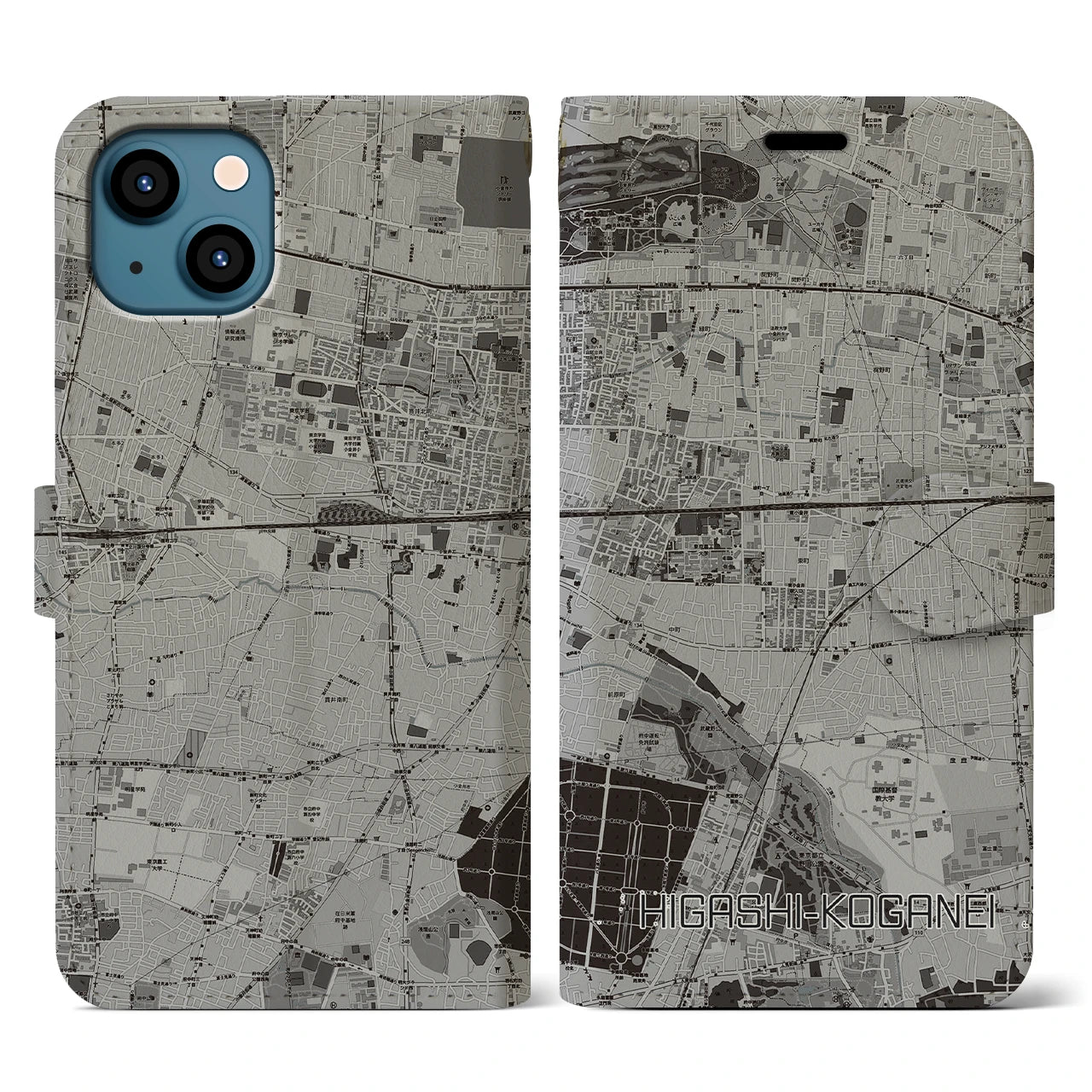 【東小金井(東京都)】地図柄iPhoneケース(手帳タイプ)モノトーン・iPhone 13 用