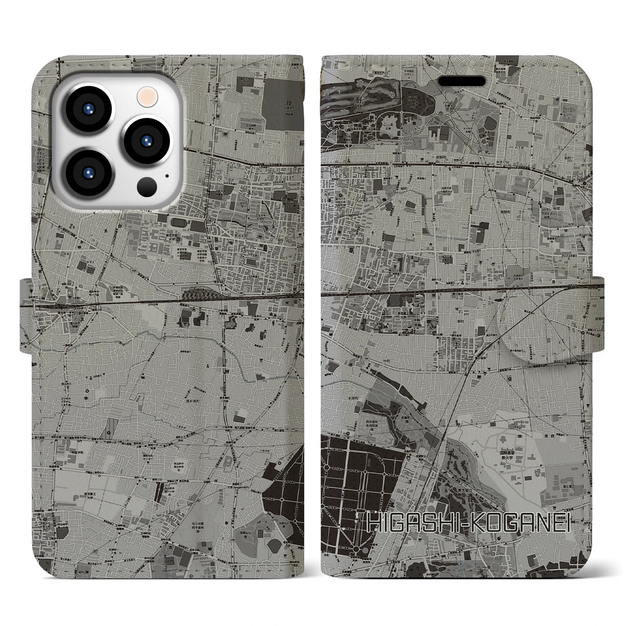 【東小金井(東京都)】地図柄iPhoneケース(手帳タイプ)モノトーン・iPhone 13 Pro 用