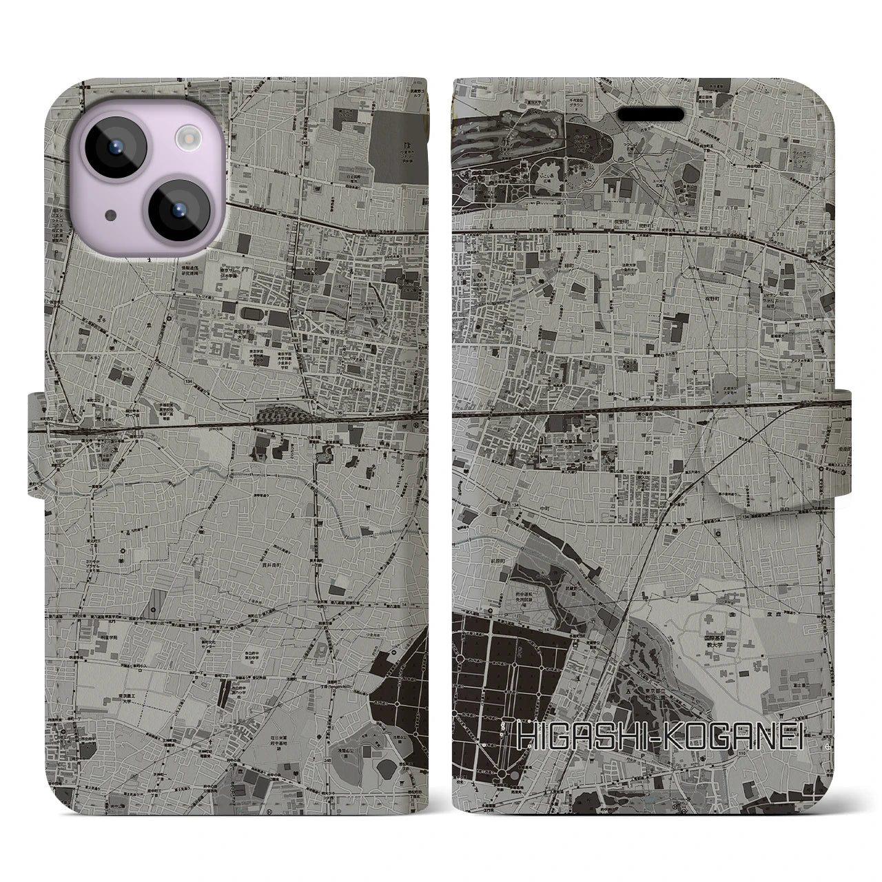 【東小金井(東京都)】地図柄iPhoneケース(手帳タイプ)モノトーン・iPhone 14 用