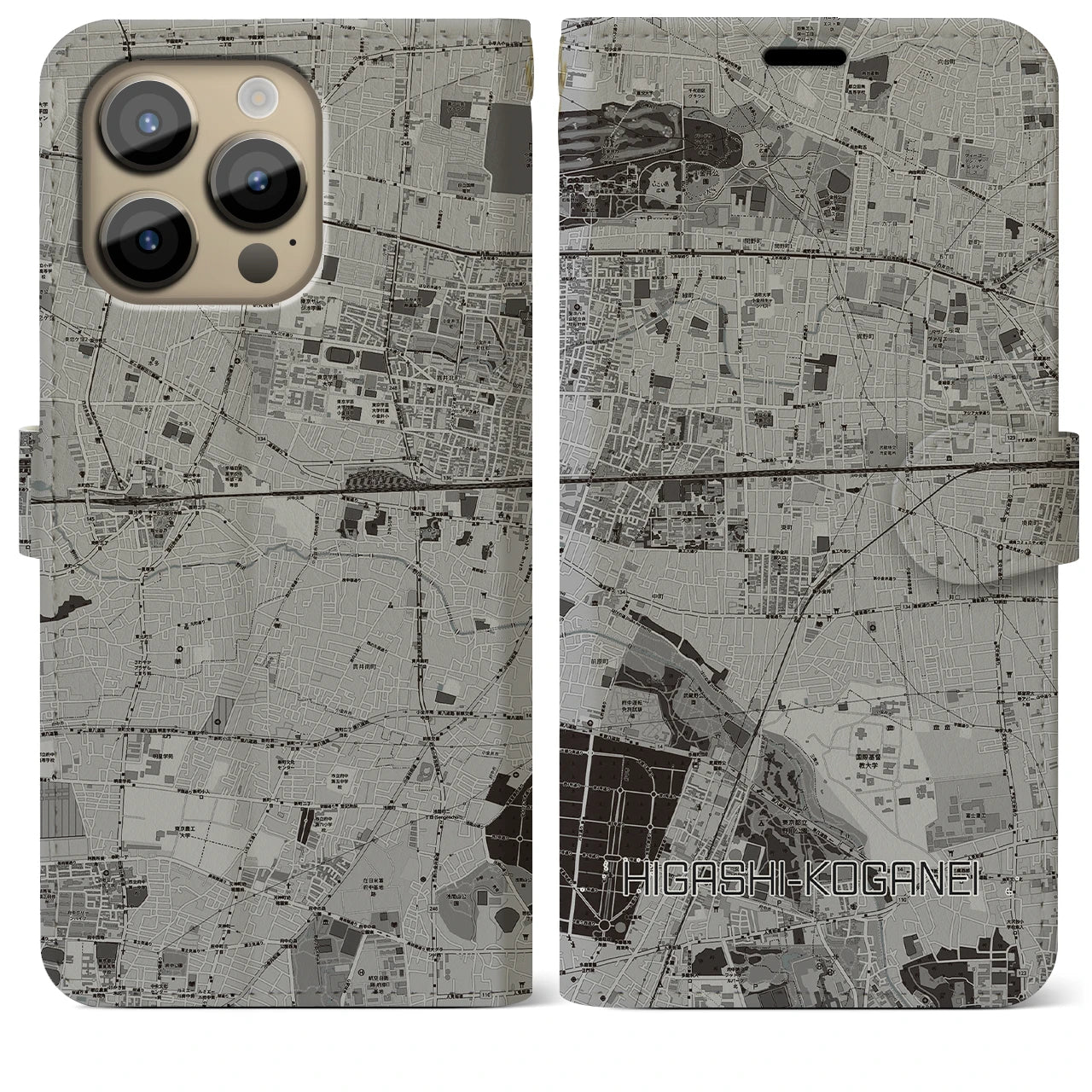 【東小金井(東京都)】地図柄iPhoneケース(手帳タイプ)モノトーン・iPhone 14 Pro Max 用