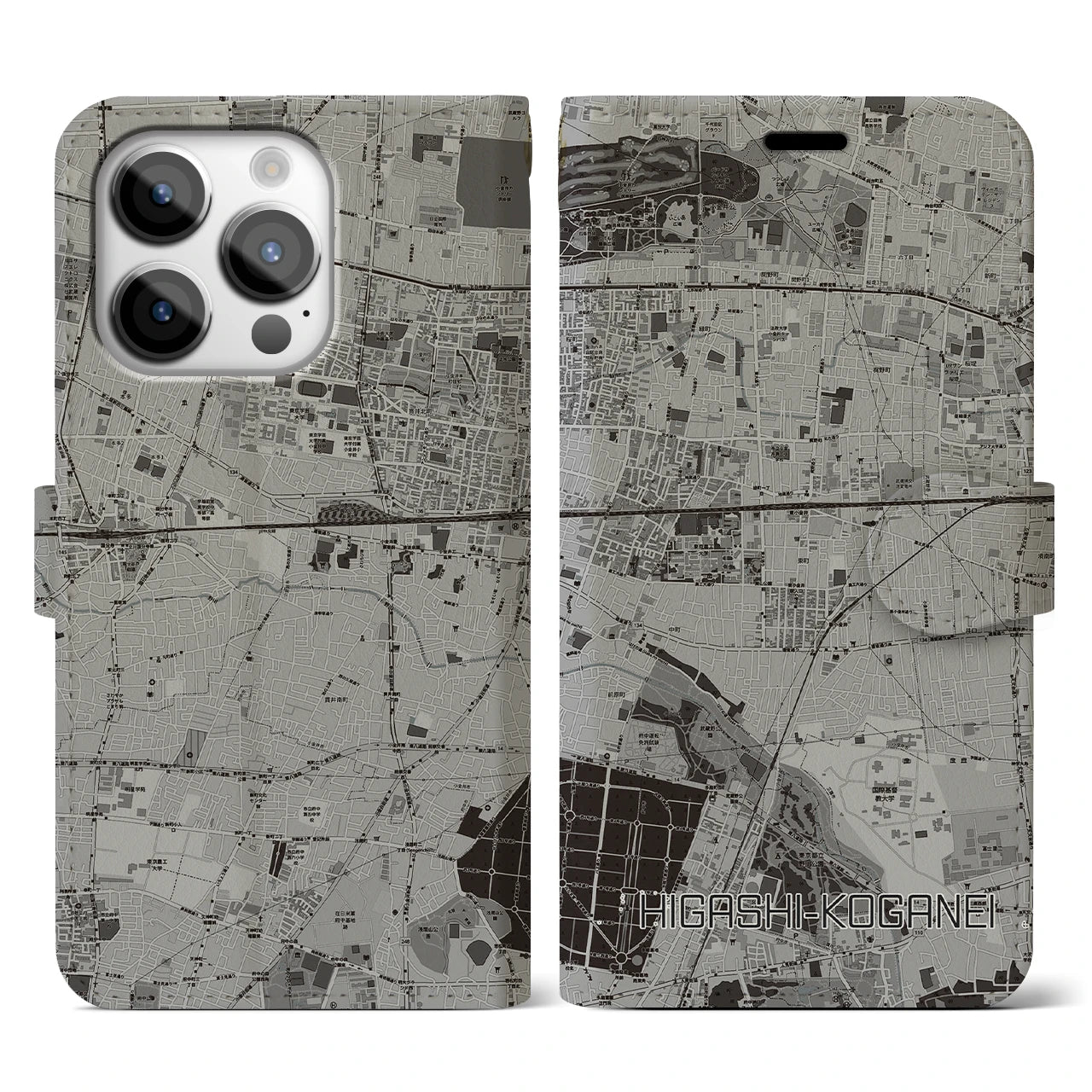 【東小金井(東京都)】地図柄iPhoneケース(手帳タイプ)モノトーン・iPhone 14 Pro 用
