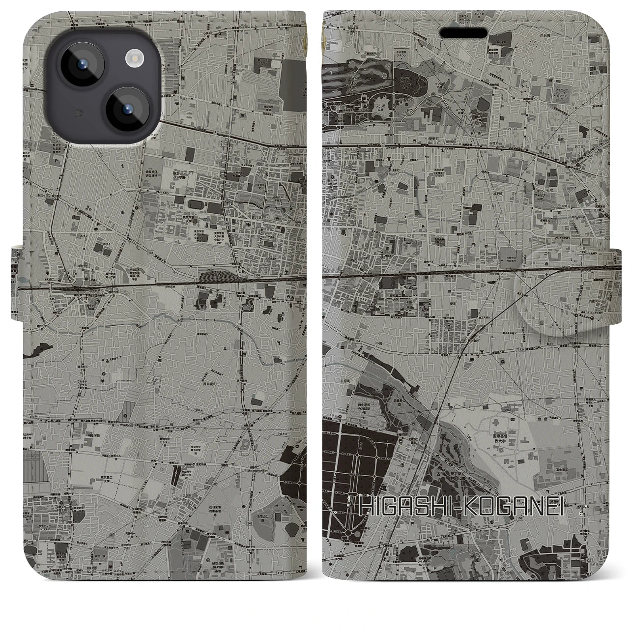 【東小金井(東京都)】地図柄iPhoneケース(手帳タイプ)モノトーン・iPhone 14 Plus 用