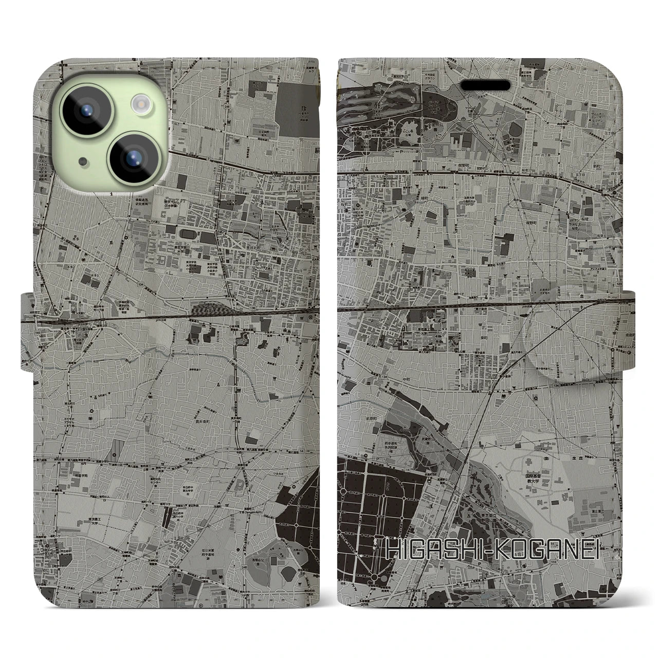 【東小金井(東京都)】地図柄iPhoneケース(手帳タイプ)モノトーン・iPhone 15 用