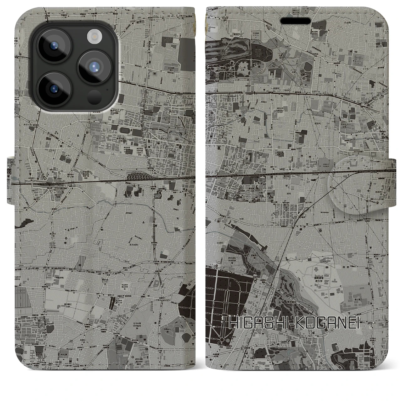 【東小金井(東京都)】地図柄iPhoneケース(手帳タイプ)モノトーン・iPhone 15 Pro Max 用