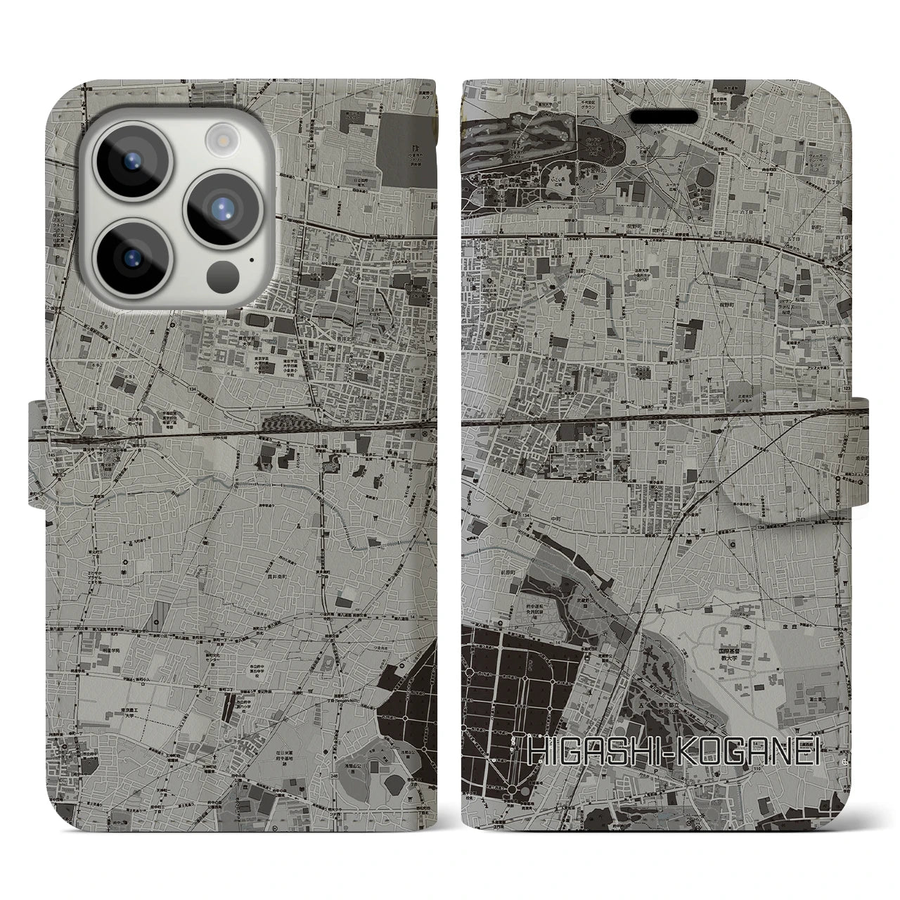 【東小金井(東京都)】地図柄iPhoneケース(手帳タイプ)モノトーン・iPhone 15 Pro 用