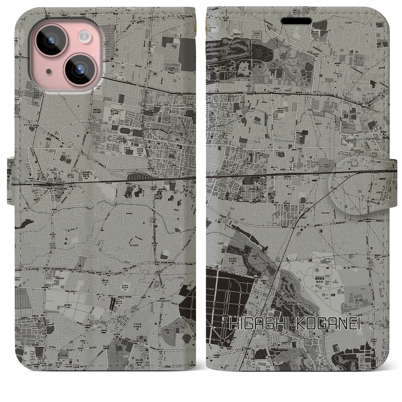 【東小金井(東京都)】地図柄iPhoneケース(手帳タイプ)モノトーン・iPhone 15 Plus 用