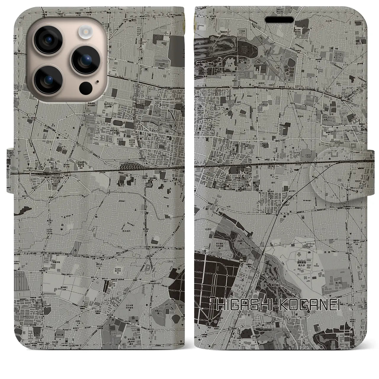 【東小金井(東京都)】地図柄iPhoneケース(手帳タイプ)モノトーン・iPhone 16 Plus 用