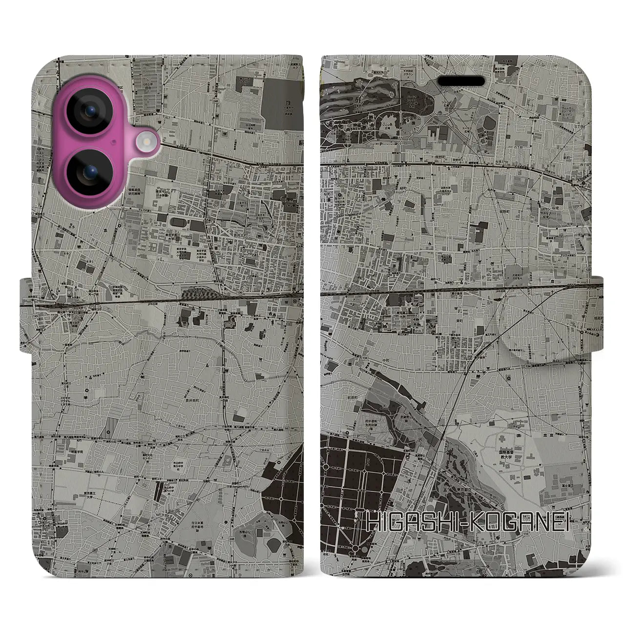 【東小金井(東京都)】地図柄iPhoneケース(手帳タイプ)モノトーン・iPhone 16 Pro 用