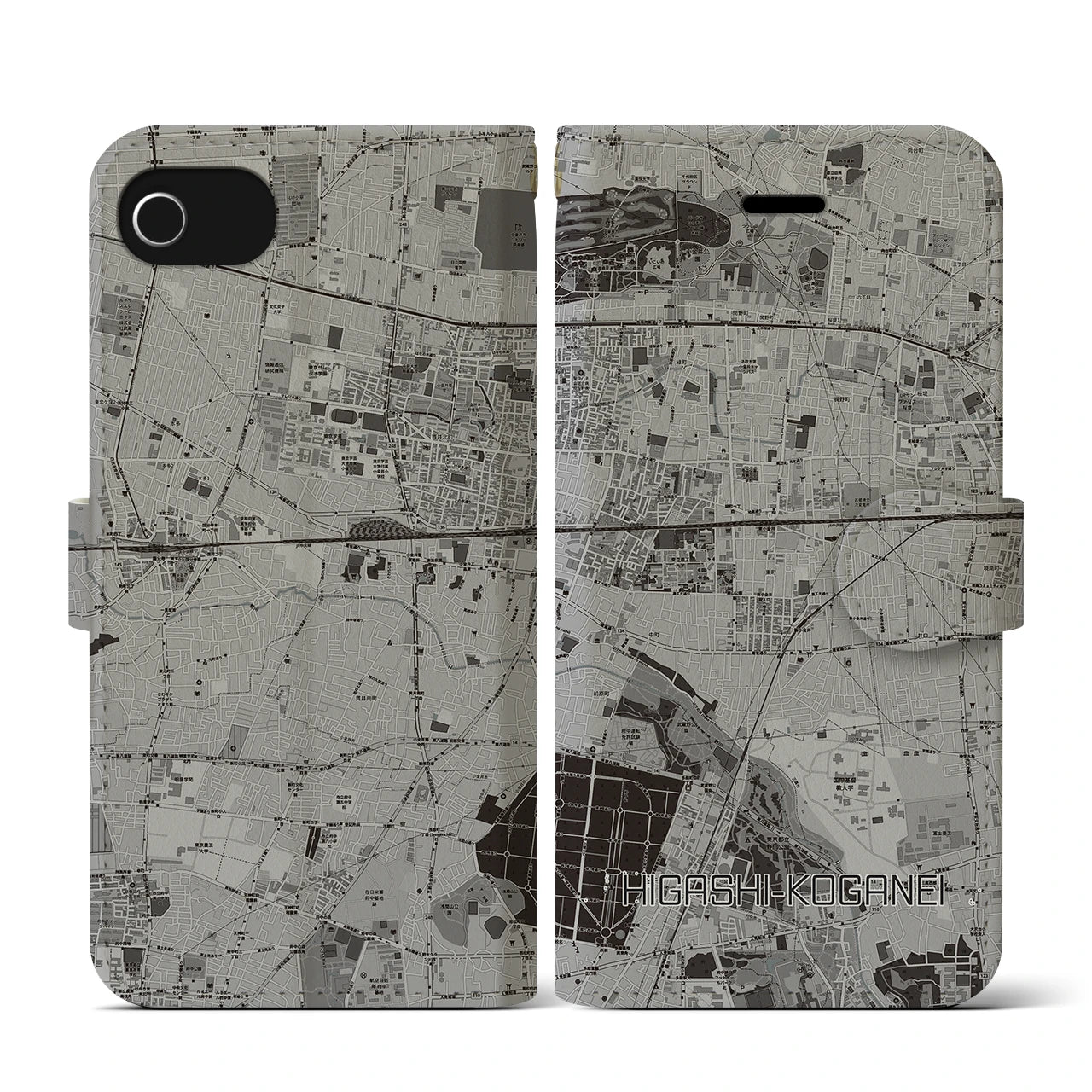 【東小金井(東京都)】地図柄iPhoneケース(手帳タイプ)モノトーン・iPhone SE(第3 / 第2世代) / 8 / 7 / 6s / 6 用