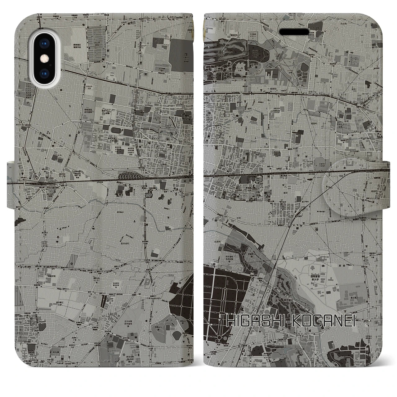 【東小金井(東京都)】地図柄iPhoneケース(手帳タイプ)モノトーン・iPhone XS Max 用